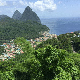 Looking down on Soufriere with the Pitons in the background