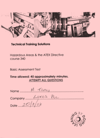 Candidates complete a written assessment on the ATEX training course