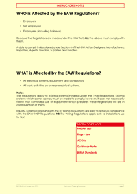This is page 10 of the course notes for the Electricity at Work Regulations course, describing who and what is affected by the Regulations