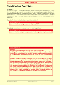 This is page 11 of the course notes for the Electricity at Work Regulations course, where we introduce syndicate exercises to engage the candidates in thinking about what the Regulations would have to say about various scenarios