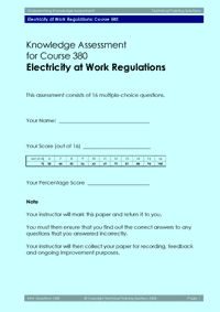 This is the front page of the course assessment of the Electricity at Work Regulations course, explaining the marking system and the instructions to the candidates