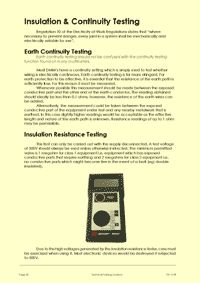 This is page 70 of the electrical maintenance training course notes, describing insulation and continuity testing