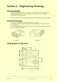 This is page 23 of the course notes for the bench fitting course, describing how engineering drawing projections are used to depict mechanical components