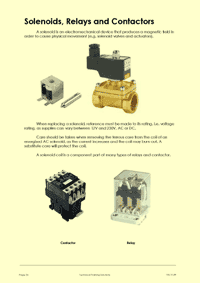 This is page 26 of Part 1 of the electrical maintenance training course notes, describing solenoids and relays