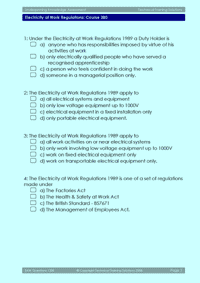 This is page 2 of the multiple-choice assessment paper used on the Electricity at Work Regulations course: There are 15 questions in all