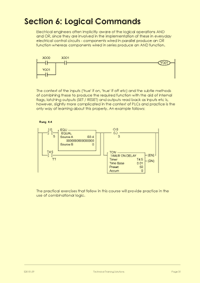 This is page 31 of the course notes for the PLC Programming course, showing how logical expressions (AND, OR, SET, RESET etc) are achieved in PLCs