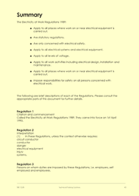 This is page 43 of the course notes for the Electricity at Work Regulations course, providing a summary of the requirements of each of the EAW Regulations