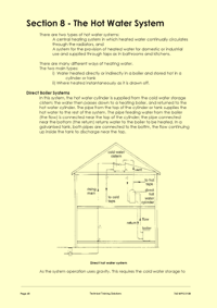 This is page 48 of the course notes for the Plumbing Maintenance Course, describing hot water systems