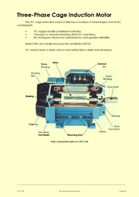 This is page 5 of part 2 of the electrical maintenance training course notes, describing the key features of cage induction motors