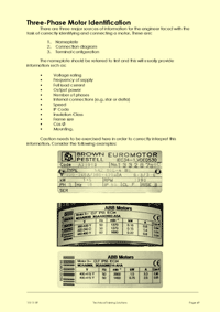 This is page 9 of part 2 of the electrical maintenance training course notes, describing the information found on the nameplates of industrial motors