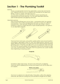 This is page 8 of the course notes for the Plumbing Maintenance Course, describing the plumbing tools used