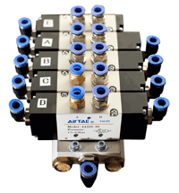 One of the manifolds which candidates interconnect in the practical exercises to form various useful systems on the Pneumatic training course
