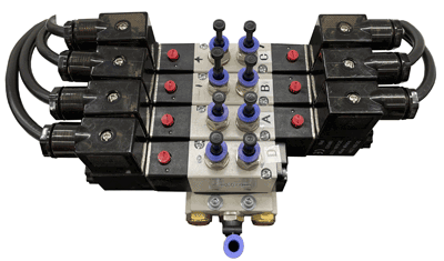 The solenoid-operated 5/2 way valves which candidates interconnect in the practical exercises to form various useful systems on the Pneumatic training course