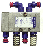 One of the single-piloted 5/2 way valves which candidates interconnect in the practical exercises to form various useful systems on the Pneumatic training course